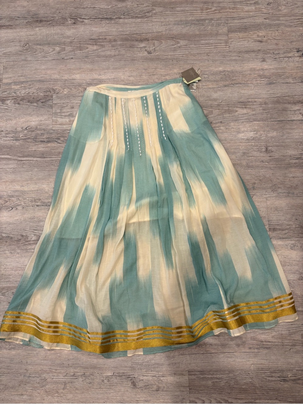 Anthropologie Boho Aqua and Cream Tie-Dye Maxi Skirt with Gold Hem Detail